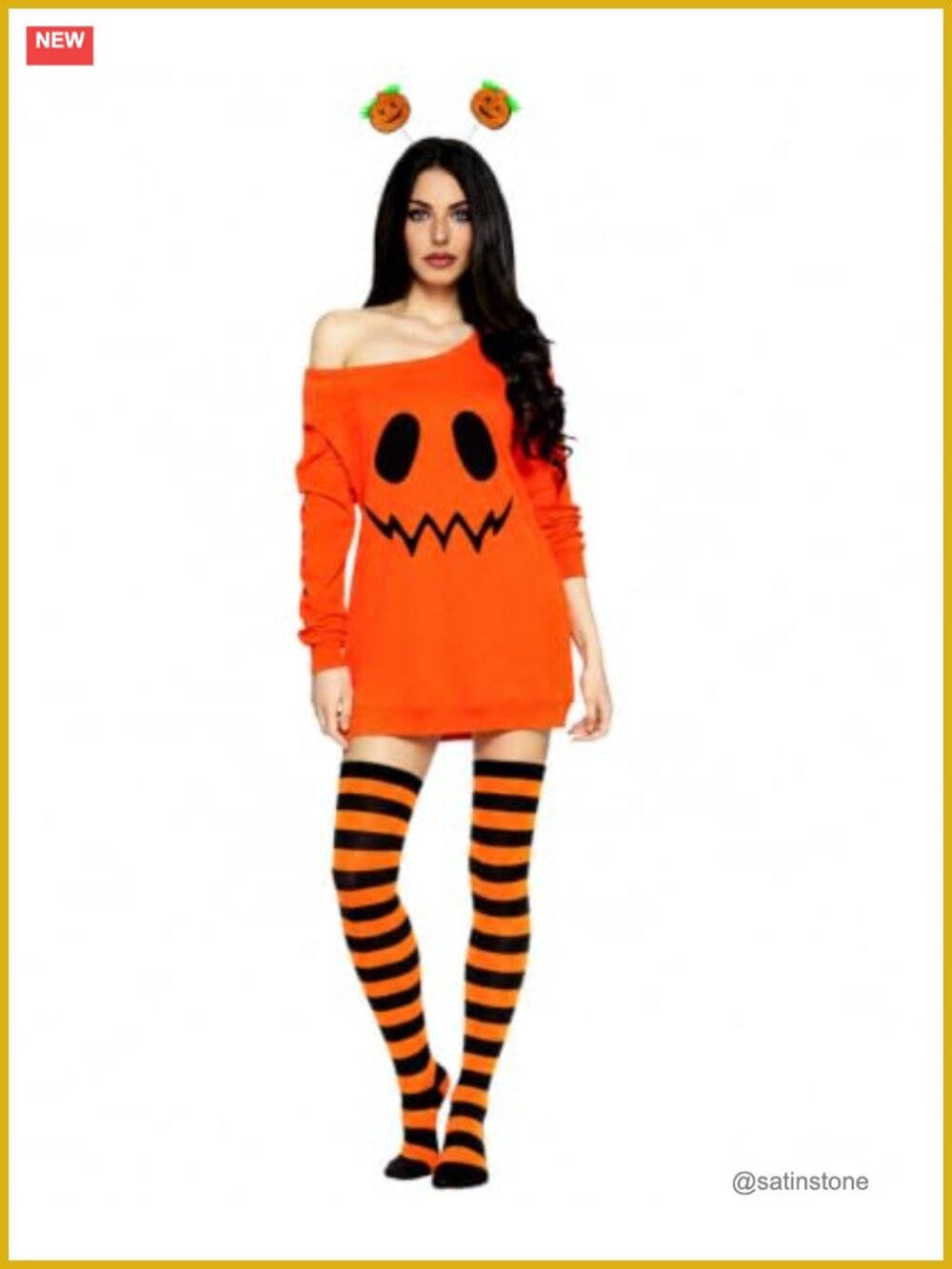 Halloween Pumpkin Costume Set Off-Shoulder Dress Tights Headband Adult
